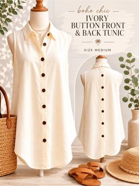 Ivory Button Front & Back Sleeveless Top Medium